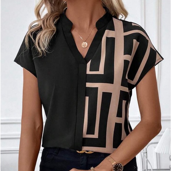 Abstract Geo Print Work Office Top Blouse Shirt Black - Picture 3 of 4